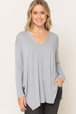 Wrap London V Neck Grey Top Long Sleeve Shirt Pocket Casual SIZE 6 Tencel Linen
